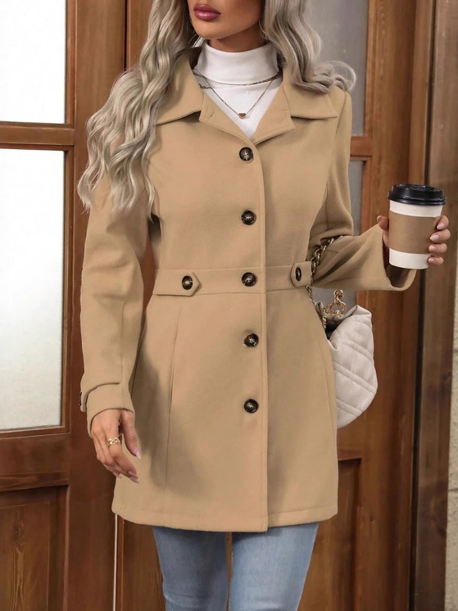 Slim Fit Lapel Buttons Solid Color Woolen Coat
