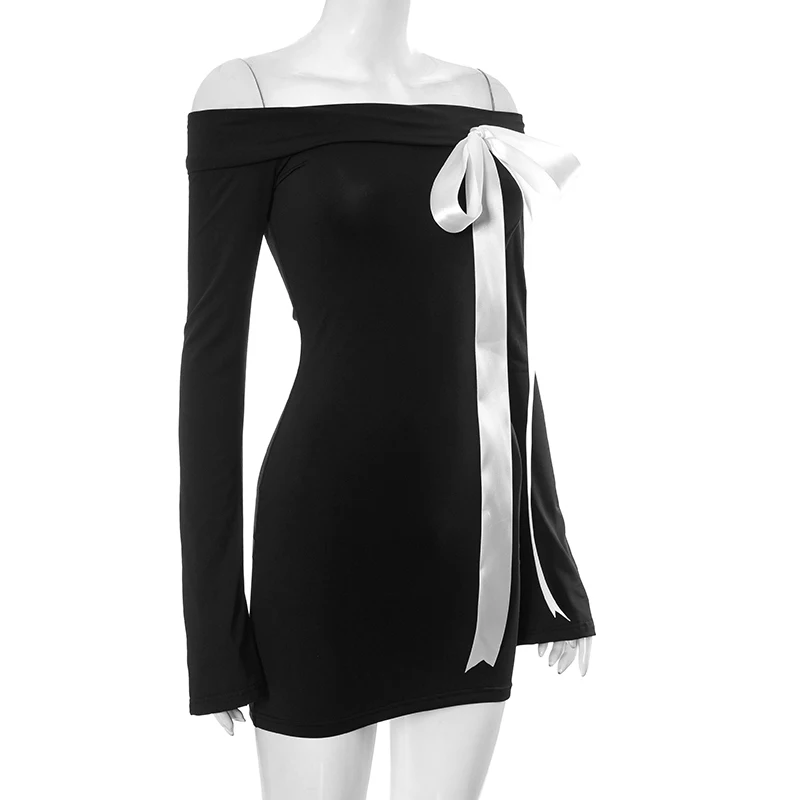 Ootddress Black One Shoulder Backless Long Sleeve Slim Fit Bow Embellished Package Hip Dress Hottie Sweety Girls Autumn Wearing