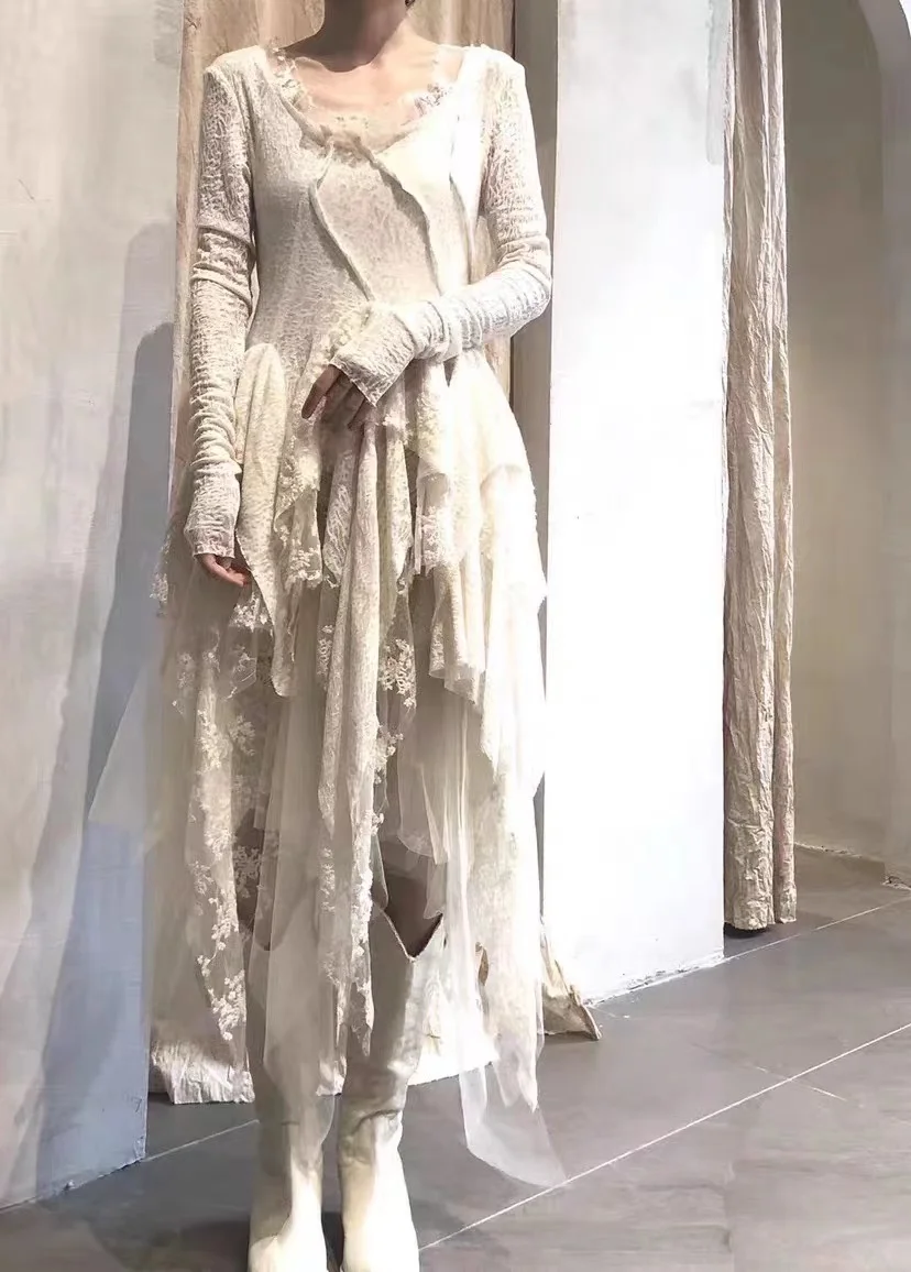French Vintage Elegant Lace Dress Women 2025 Spring Summer New Irregular Splicing Long Bridesmaid Evening Party Dress Prom Robe
