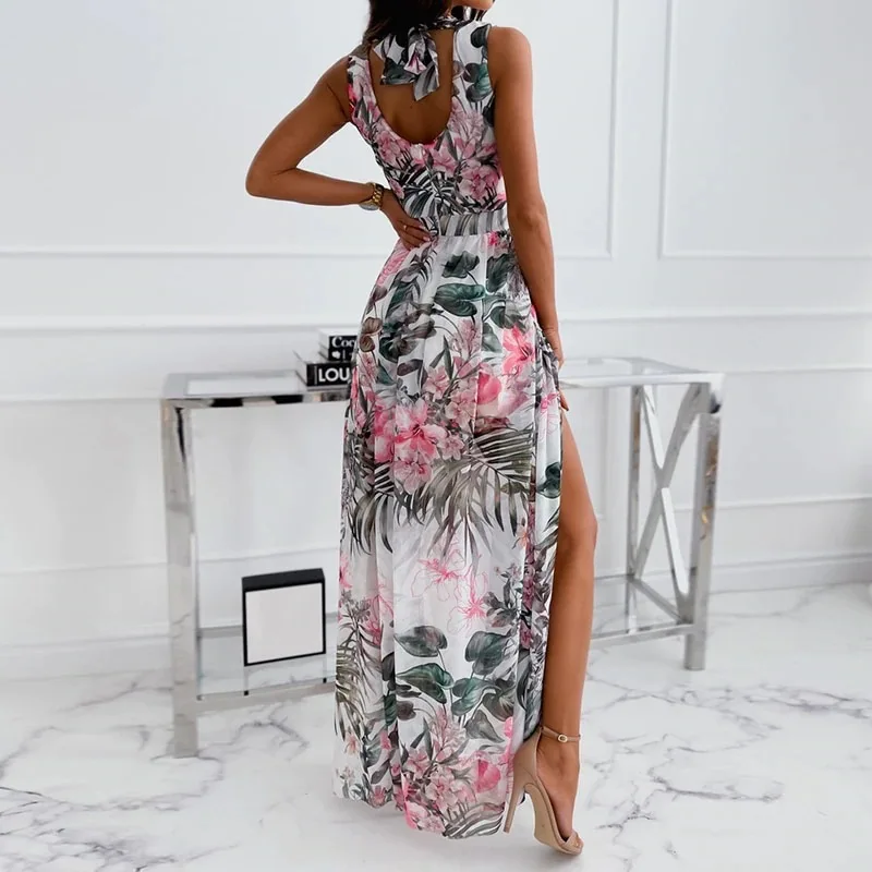 Chiffon Flower Print Sleeveless Long Dresses Women V-neck Backless Leace-up Slit Dress Temperament Summer Maxi Vestidos Female 8 Hfac763ce3d324897a952e688e3961