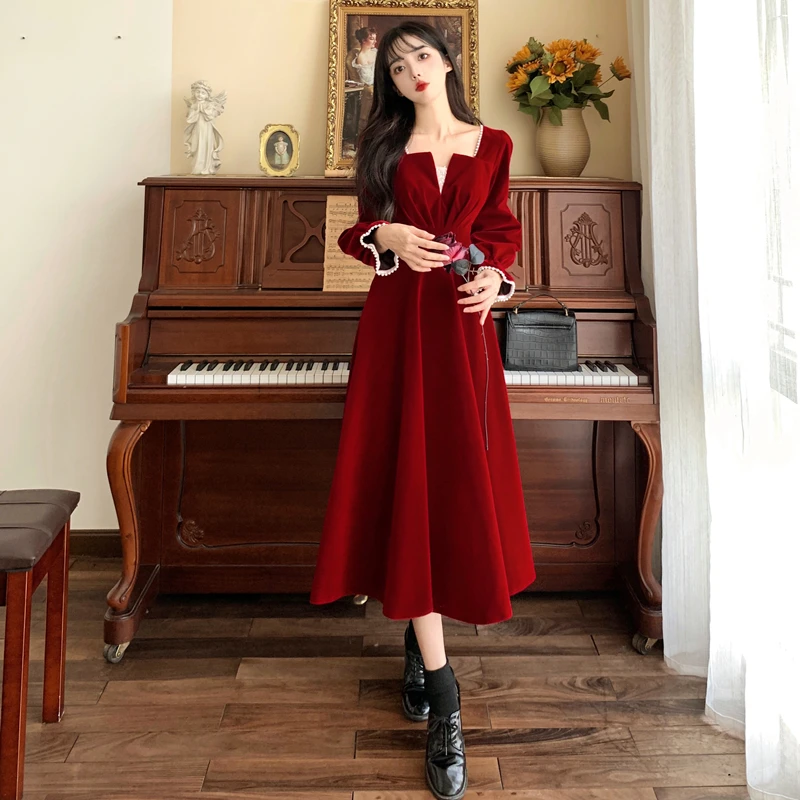 French Vintage A-line Wedding Party Dress Women Autumn Elegant Long Sleeve Backless Red Vestidos Mujer Princess Robe Spring New