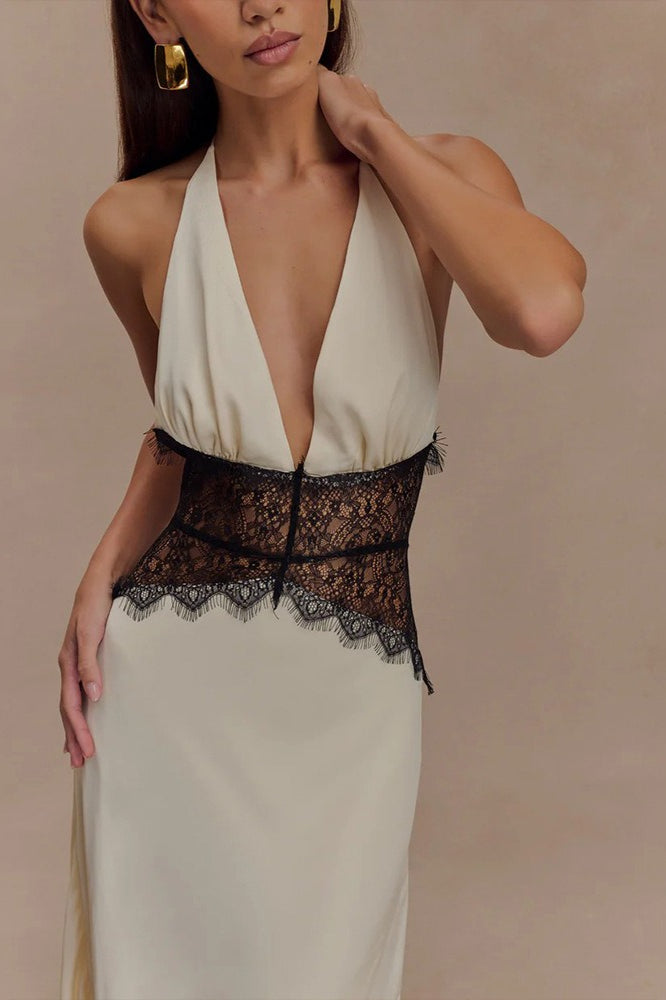 Satin Halter Deep V-Neck Lace Waist Panel Maxi Gown