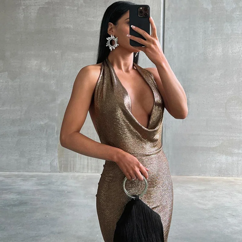 Ootddress Halter Deep V Neck Backless Maxi Dress Women Sleeveless Temperament Fishtail Dress Ladies Elegant Sexy Party Dress