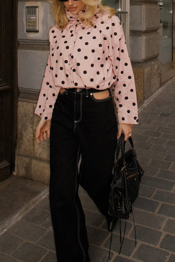 Polka Dot Print Loose Stand Collar Button Bow Tie Casual Long-sleeved Jacket