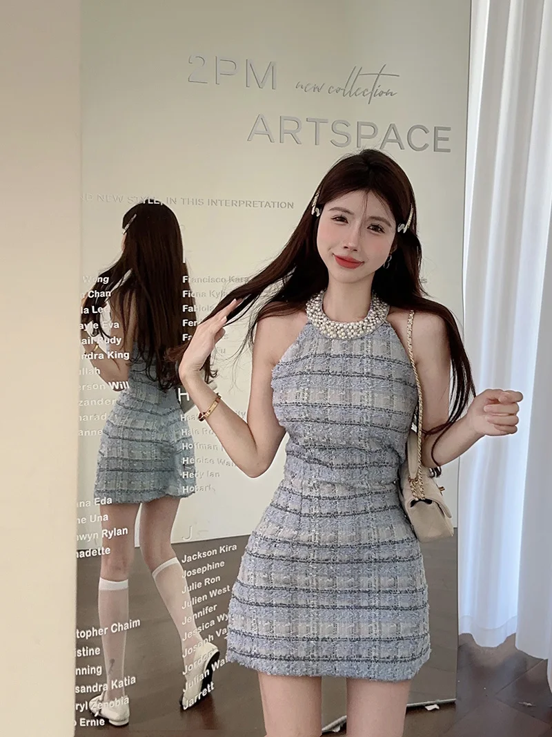 Sexy Halter Mini Dress Women Sleeveless Rhinestone Patchwork Shiny Slim Fashion Backless Evening Party Dresses Club Prom Vestido