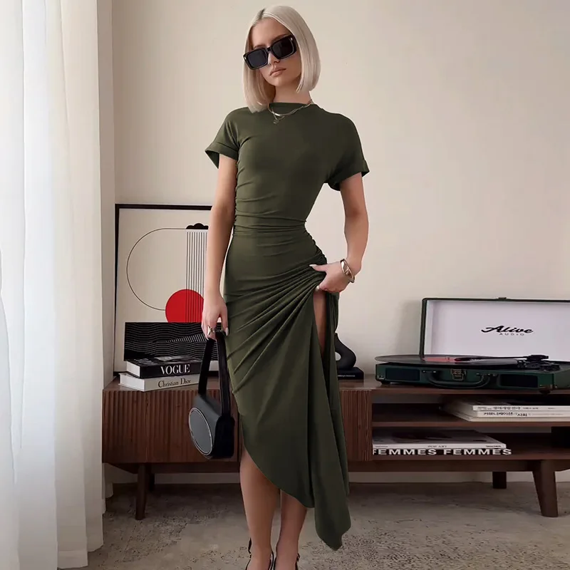 Women's Elegant O Neck Maxi Dress Short Sleeve Slim High Waist Shirring Dress Sexy Side Slit Evening Club Bodycon Dress Lady 19 Women's Elegant O Neck Maxi Dress Short Sleeve Slim High Waist Shirring Dress Sexy Side Slit Evening Club Bodycon Dress Lady