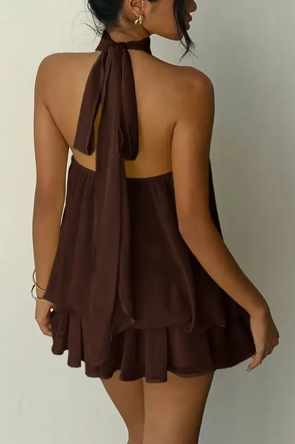 Fashionable Chiffon Halter Neck Backless Lace-up Casual Vacation Mini Dress