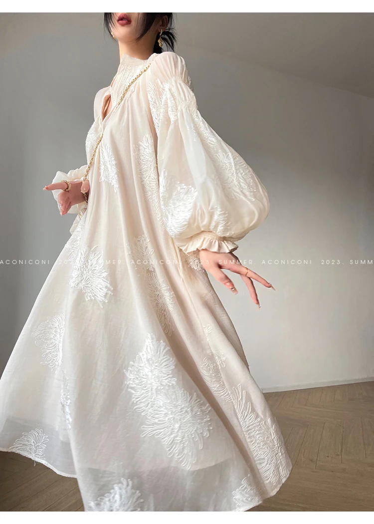 Spring Women Embroidery Evening Party Dresses Elegant Lantern Sleeve Vintage Casual A-Line Dress Female Fashion Vestidos Robe