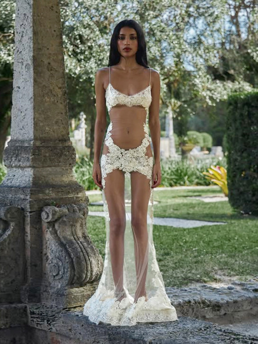 Sheer And Sexy Patchwork Mesh Lace Trim Suspender Long Dress