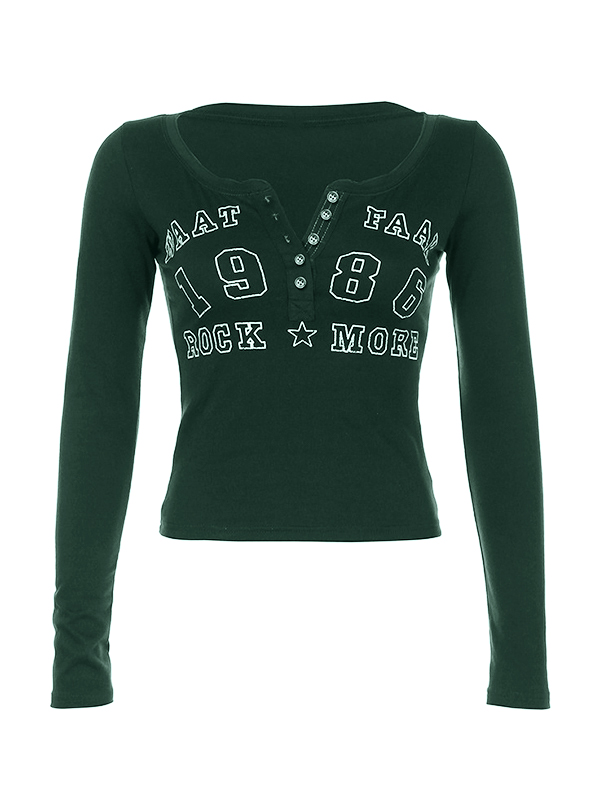 Number Letter Print Breasted Slim Long Sleeve Tee