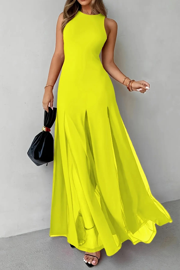 Solid Color Round Neck Sleeveless Slim Fit Sheer Patchwork Hem Maxi Dress
