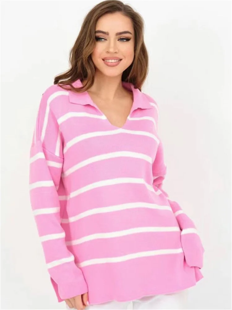 Ootddress V-Neck Knit Casual Pullover For Women Striped Slim Long Sleeve Contrast Loose Sweater High Street Knitwear Pullover Top