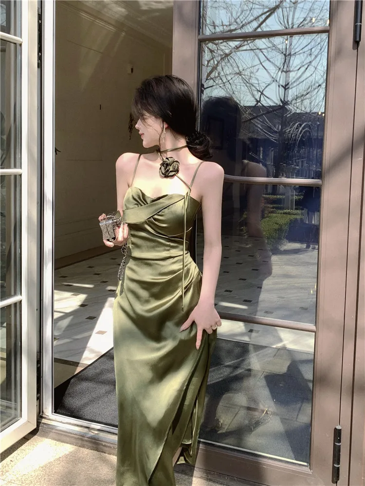 Elegant Solid Satin Midi Dress Women Spaghetti Strap Bodycon 3D Flower High Waist Slim Evening Party One Piece Lady Vestidos