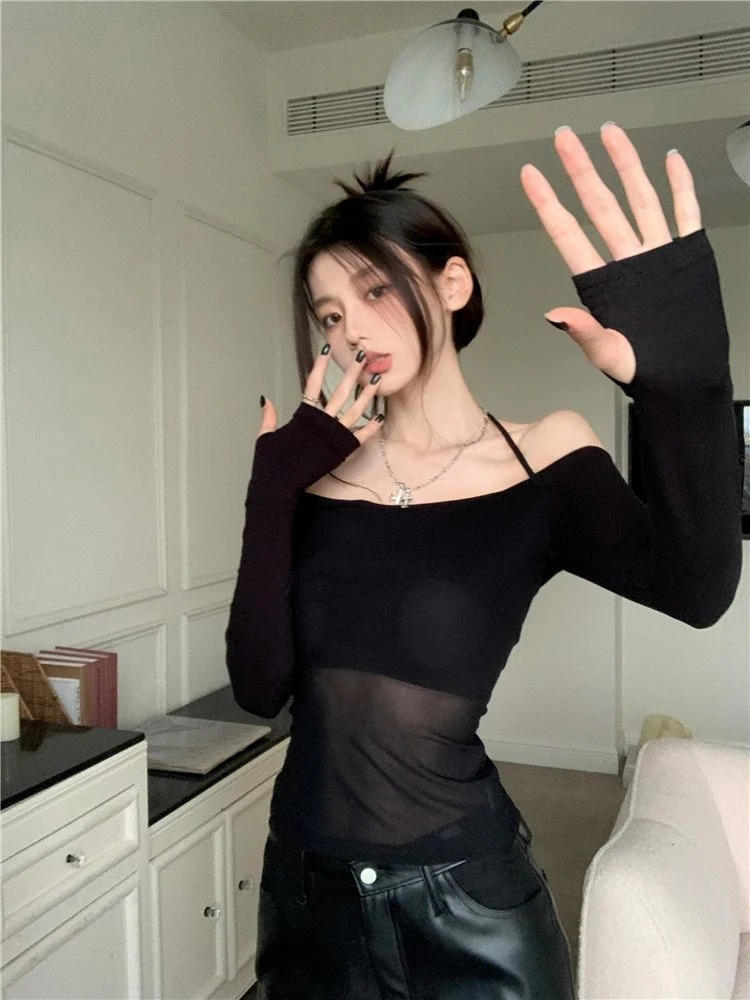 Long Sleeve Top Womens Halter 2025 Casual Tee Shirt Gauze Trendy Off Shoulder T Shirts Femme Y2k Crop Top Streetwear Party Club 18 Long Sleeve Top Womens Halter 2025 Casual Tee Shirt Gauze Trendy Off Shoulder T Shirts Femme Y2k Crop Top Streetwear Party Club