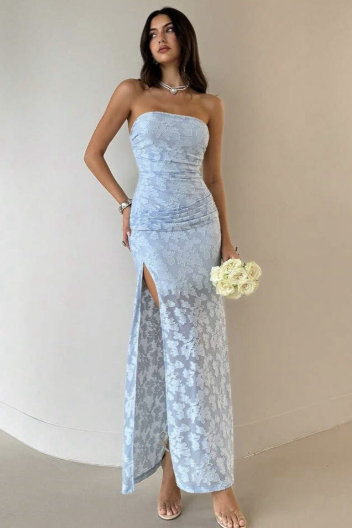 Strapless Floral Lace Side Ruched High Thigh Slit Maxi Dress