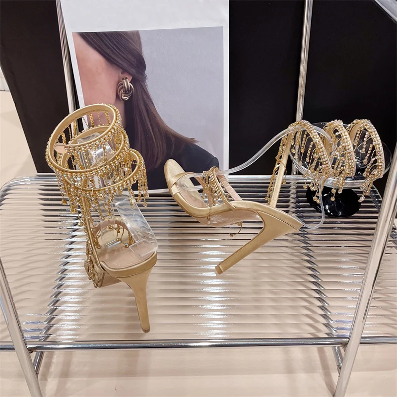 Liyke Elegant Women Wedding Banquet Crystal Tassel Stiletto Sandals Golden 9 Liyke Elegant Women Wedding Banquet Crystal Tassel Stiletto Sandals Golden