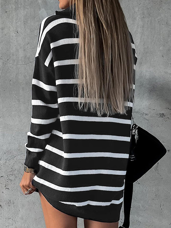 Striped V Neck Half Zip Loose Knit Sweater Dress