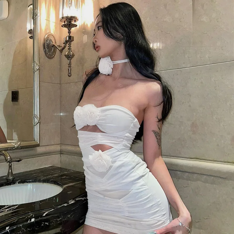 Ootddress Lace Up Flower Sexy Dress For Women Njght Hollow Out Summer Mini Dresses Woman Slim Party Backless Dress Women's Clothing