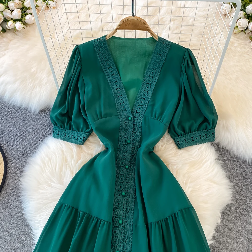 New Women Vintage Party Dress Summer Puff Sleeve Sexy V Neck Lace Single-breasted Long Dresses Ladies A Line Elegant Long Robe 33 New Women Vintage Party Dress Summer Puff Sleeve Sexy V Neck Lace Single-breasted Long Dresses Ladies A Line Elegant Long Robe