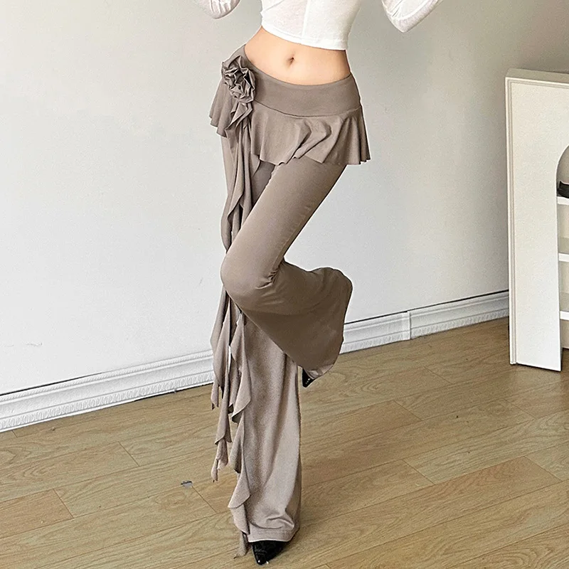 Ootddress Fashion Flower Ribbons Straight Pants For Women Solid Color Casual High Strecth Folds Patchwork Female Summer Trousers