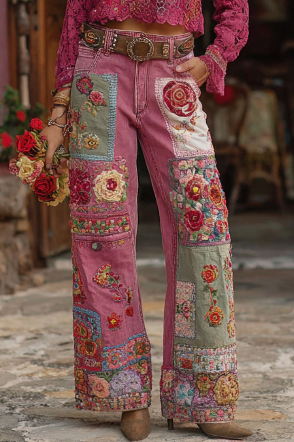 3D Floral Print Pocket Casual Jeans