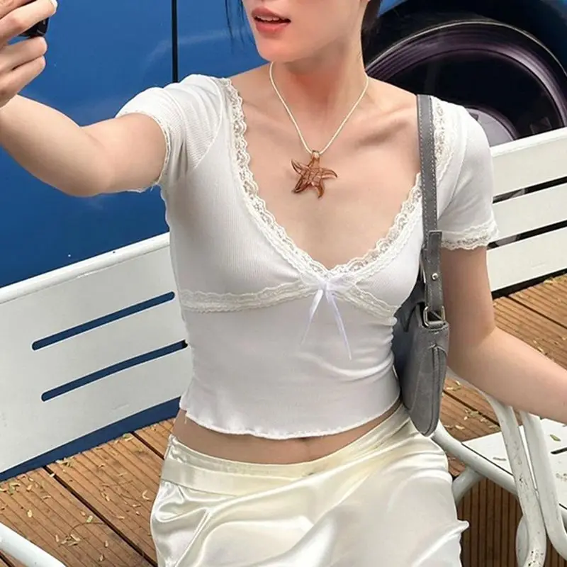 Cute Bandage Bow Cropped Top White Sweet Knitted Lace Splicing T Shirts Summer Casual V-neck Tees Women y2k Aesthetic Tops 16 Cute Bandage Bow Cropped Top White Sweet Knitted Lace Splicing T Shirts Summer Casual V-neck Tees Women y2k Aesthetic Tops