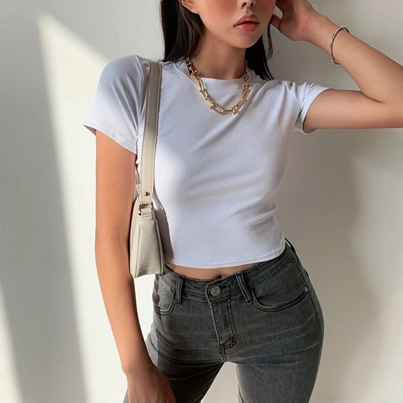 Short Sleeve T-Shirt Women Solid Simple Casual Soft All-Match Basic Crop Tops Tees Summer Fashion Skinny Tops Black White