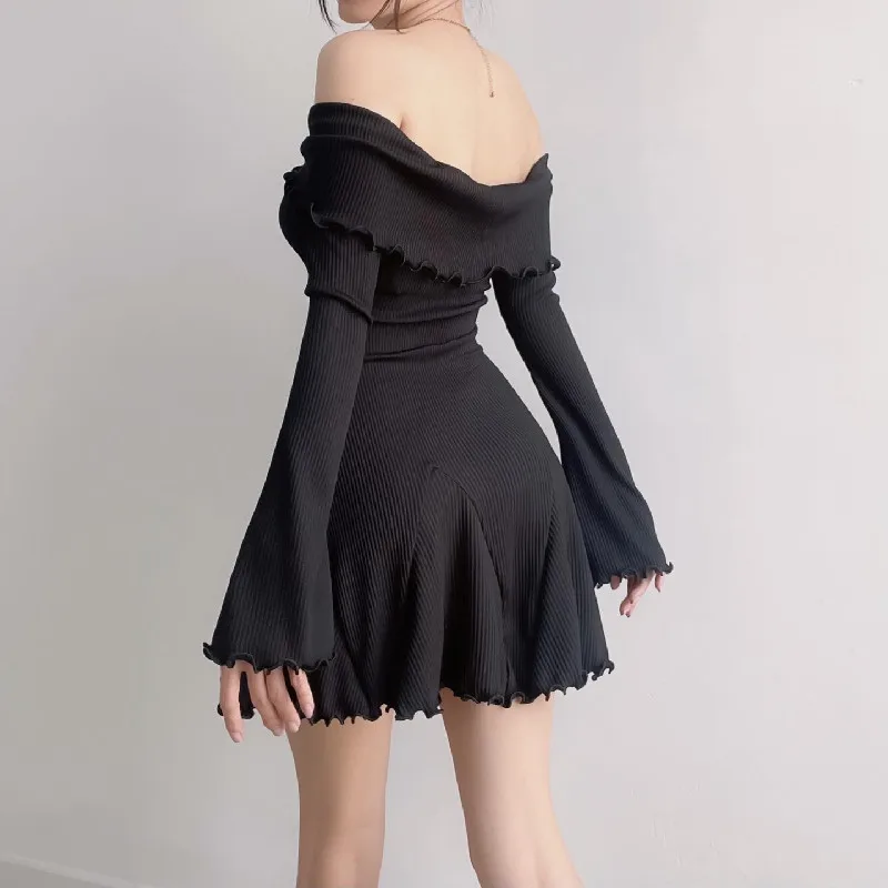 Ootddress Black Knit Ruffled Mini Dress Women Patchwork Off-Shoulder Loose Slim Fashion Ribbed Dress Knitwear Clothes Female Dress