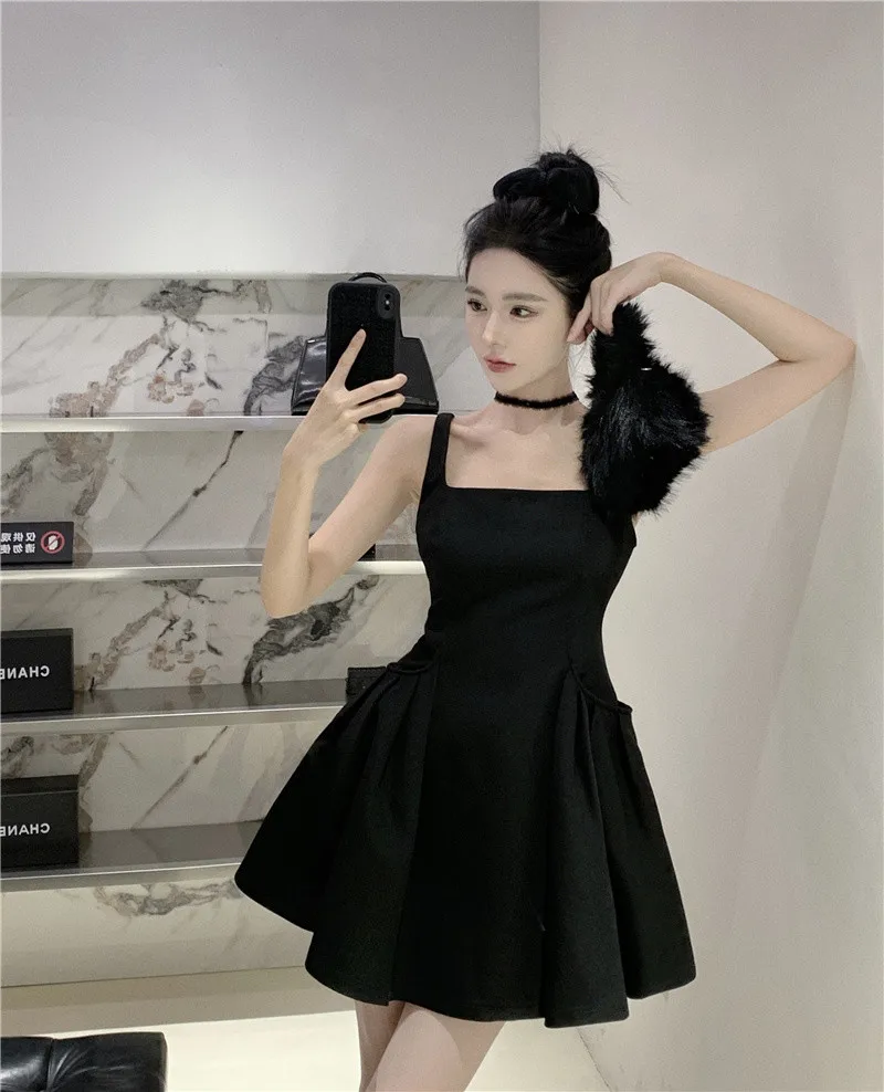 Y2K Black Short Dress Women Spaghetti Strap New Summer Sexy Evening Party Dresses with Pockets French Vintage Backless Clothing