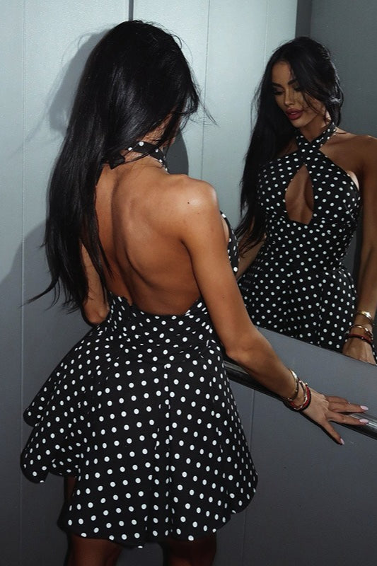 Polka Dot Halter Criss Cross Keyhole Backless Flared Mini Dress