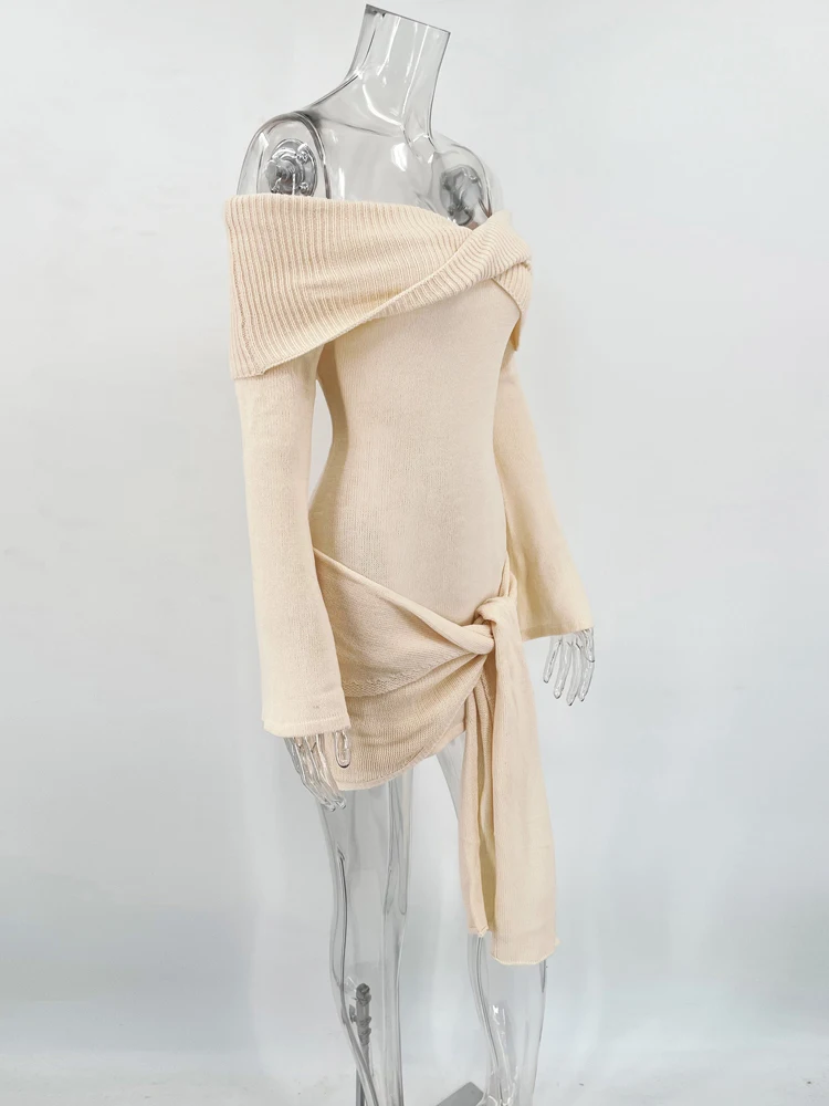 Ootddress Knit Sweater Lace-Up Mini Dress Female Off-Shoulder Slim Patchwork Loose Twist Ribbed Knitwear Dress Women's Party Dress 5 Ootddress Knit Sweater Lace-Up Mini Dress Female Off-Shoulder Slim Patchwork Loose Twist Ribbed Knitwear Dress Women's Party Dress