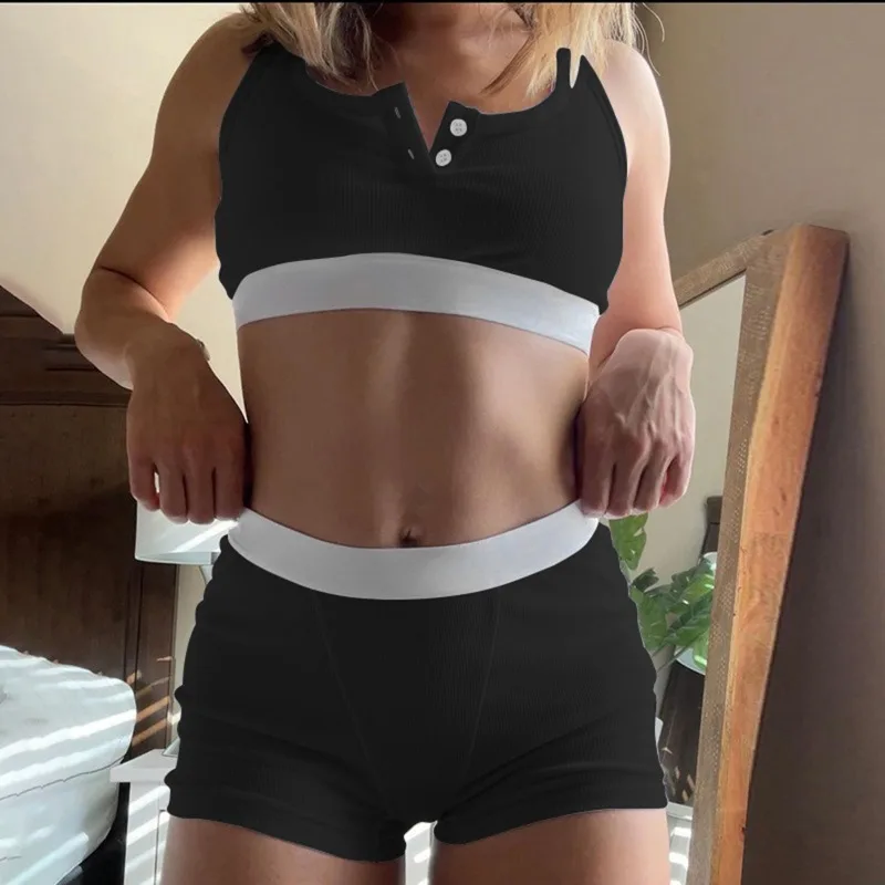 Ootddress Casual Sport Short Sets Women 2 Piece Outfits Summer Basic Contrast Color Tank Top Woman Yago Slim Short Suits Femme 2025