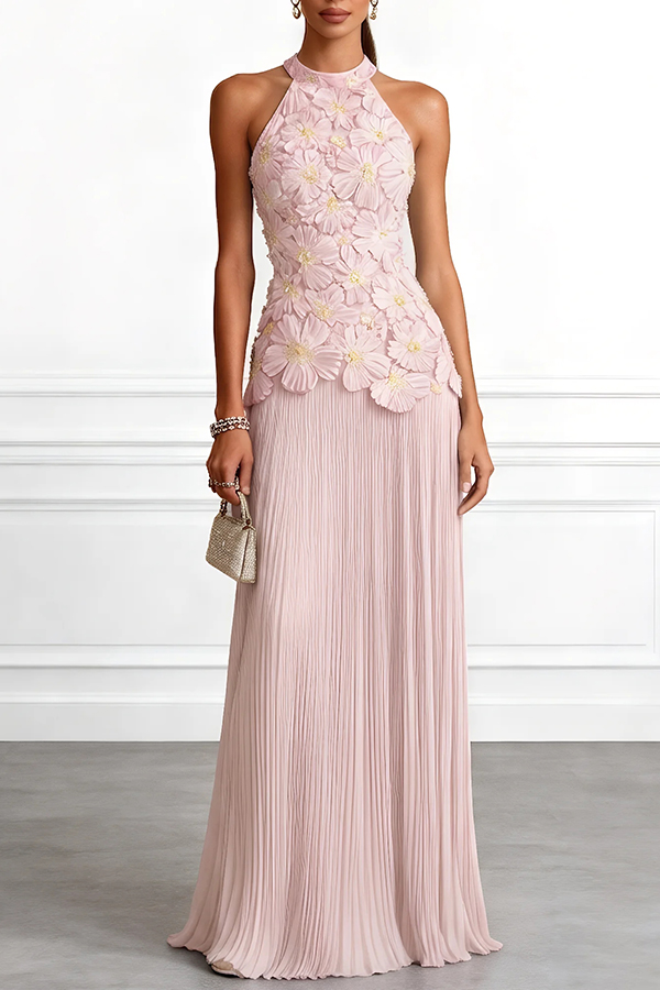 Emilie 3D Floral Embroidery Pleated Chiffon Hem Halter Neck Sleeveless Maxi Dress