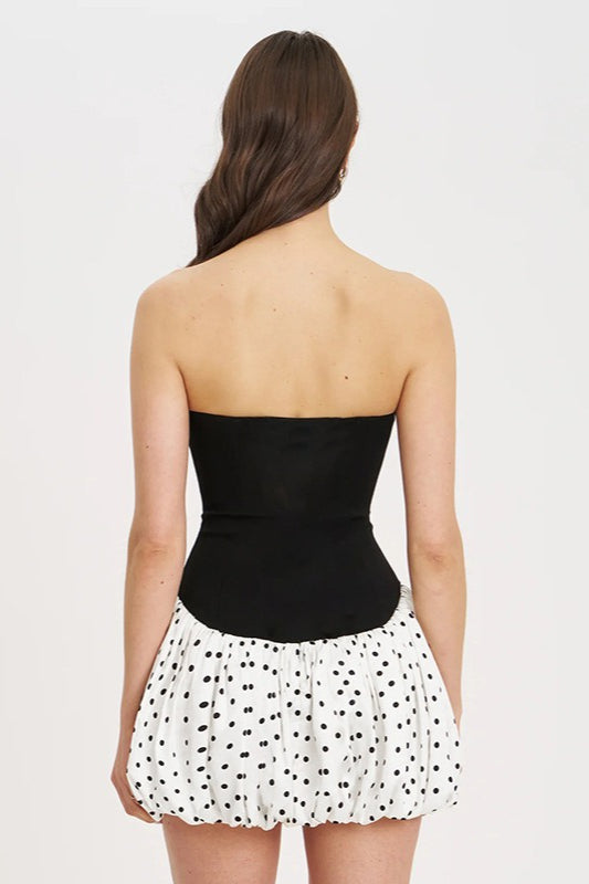 Polka Dot Strapless Sweetheart Bodice Bubble Hem Mini Dress