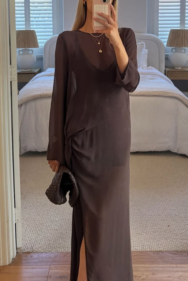 Fashionable Mesh See-through Round Neck Long Sleeve Tie Bow Slit Maxi Dress