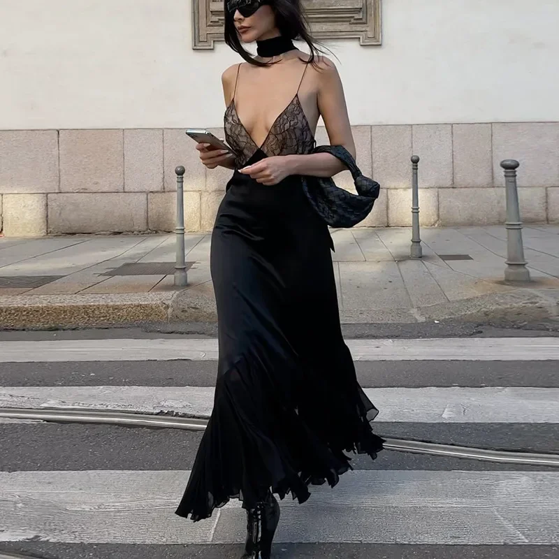 Ootddress Lace Splice Maxi Dresses For Women Sexy Deep V Neck Mesh Slim Dress Woman Temperament Clubwear Party Evening Dress Femme