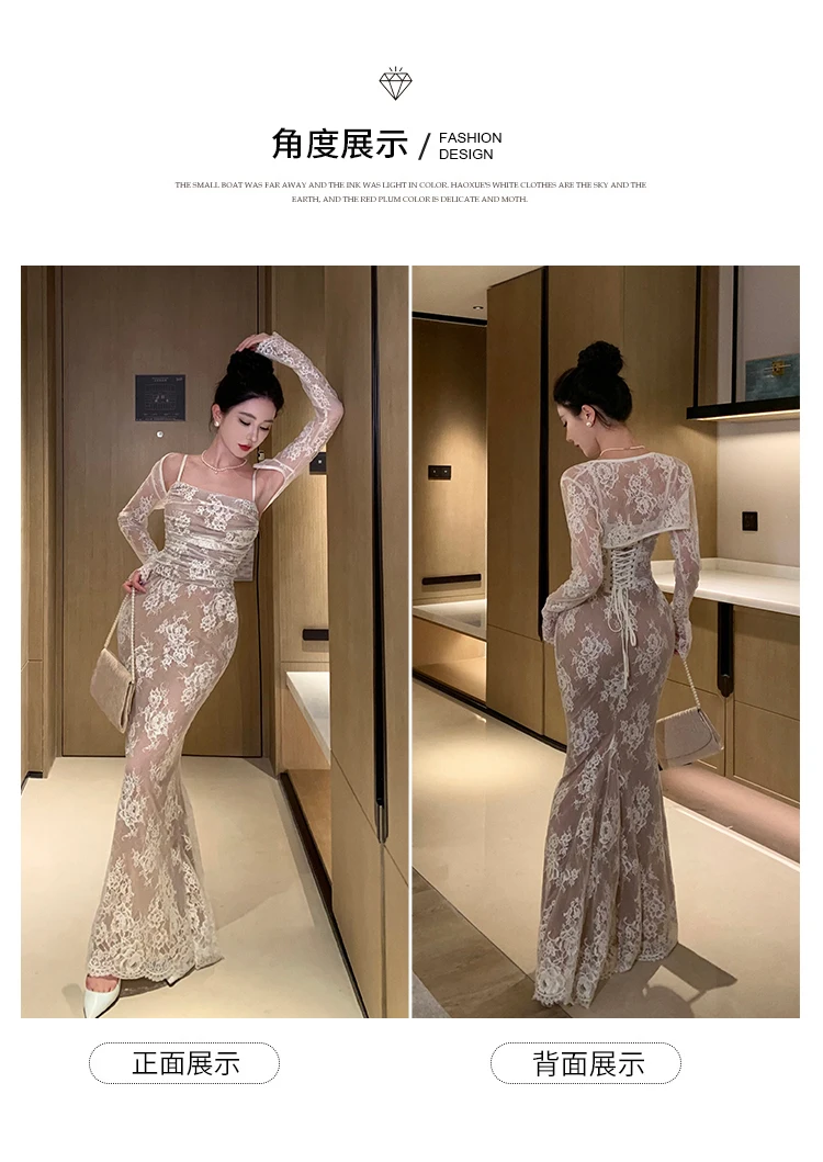 Sexy Bodycon Lace Long Dresses for Women Wedding Party Dress Spaghetti Strap with Smock French Vintage Evening Maxi Vestidos New 6 Sexy Bodycon Lace Long Dresses for Women Wedding Party Dress Spaghetti Strap with Smock French Vintage Evening Maxi Vestidos New