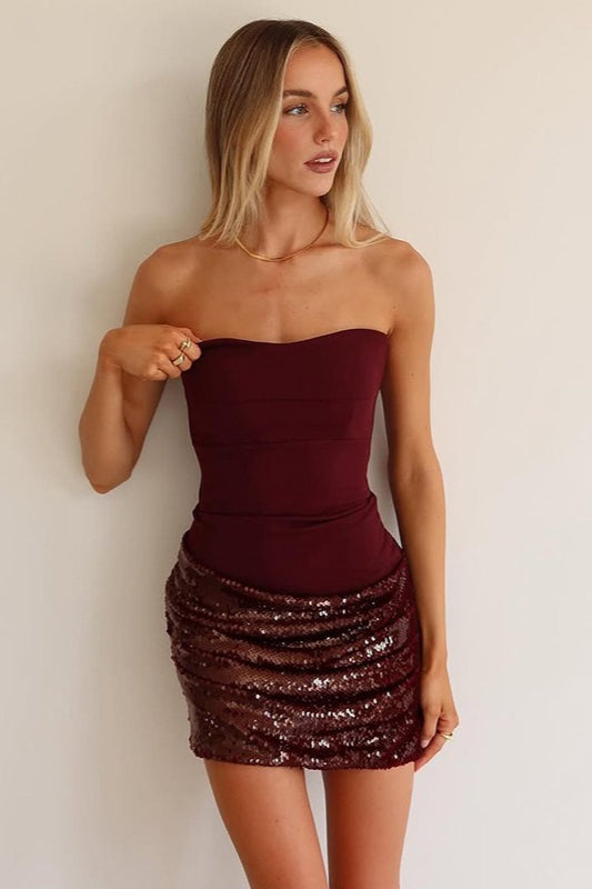 Red Sequin Bustier Fitted Mini Dress