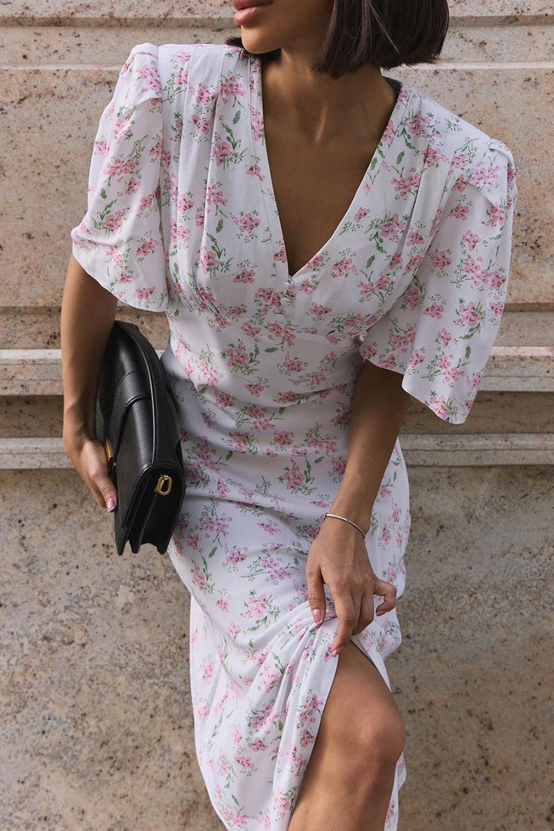 White Deep V Neck Puff Sleeve Empire Waist Button Detail Ditsy Floral Midi Dress