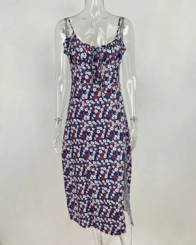 Flower Printed Spaghetti Strap Dresses For Women Sexy Low Cut Beach Party Slim Slit Dress Chic Bodycon Lady Sleeveless Vestidos 25 undefined