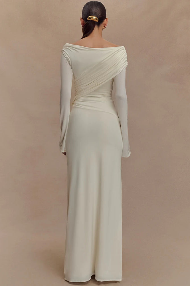 Off Shoulder Ruched Wrap Long Sleeve Column Maxi Dress