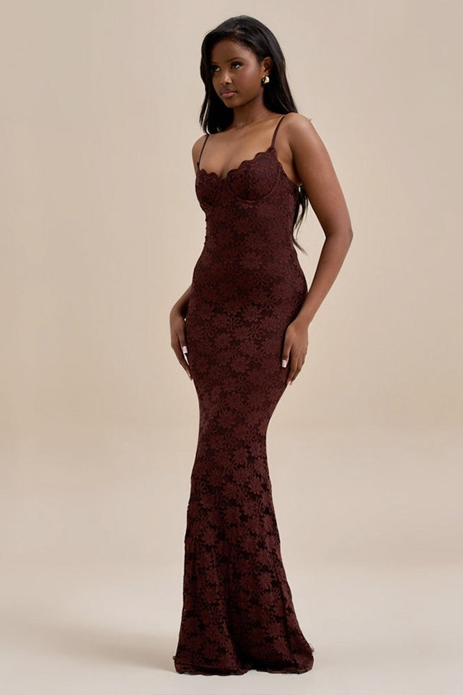 Spaghetti Strap Sweetheart Lace Bustier Mermaid Maxi Dress