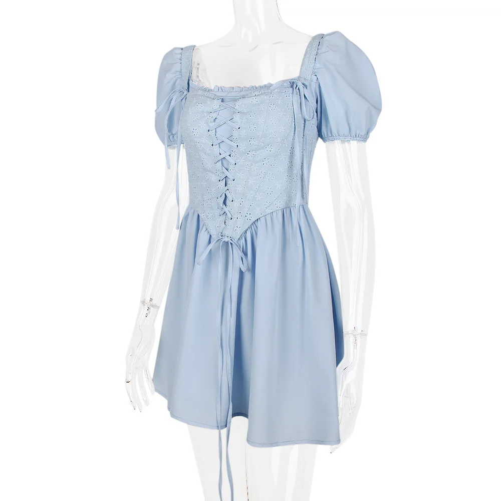 Ootddress Elegant Short Puff Sleeve Sexy Mini Dress Women Fashion Square Collar Backless A-line Pleated Club Party Dress Vintage