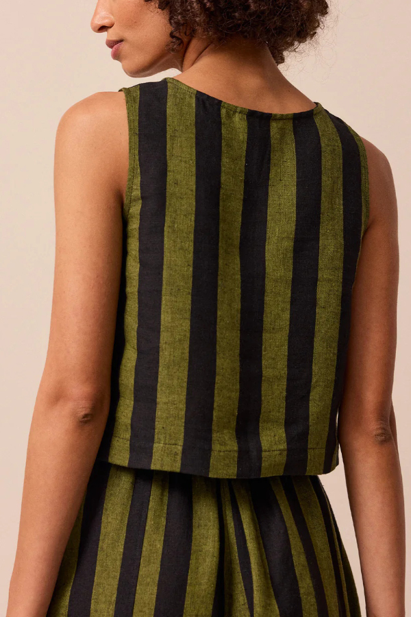 Striped Printed Crew Neck Sleeveless Top and Elastic Waist Wide-leg Pants Set