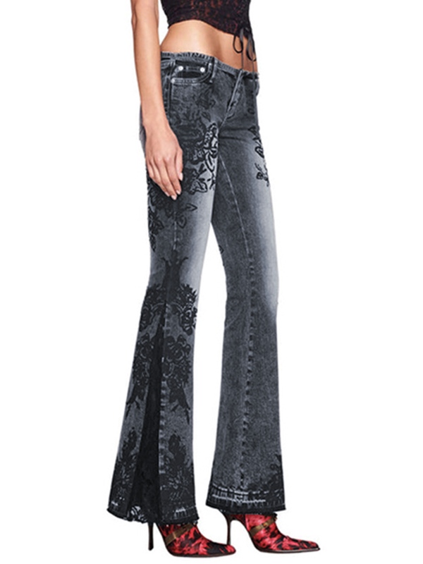 Vintage Plant Print Low Rise Flare Jeans