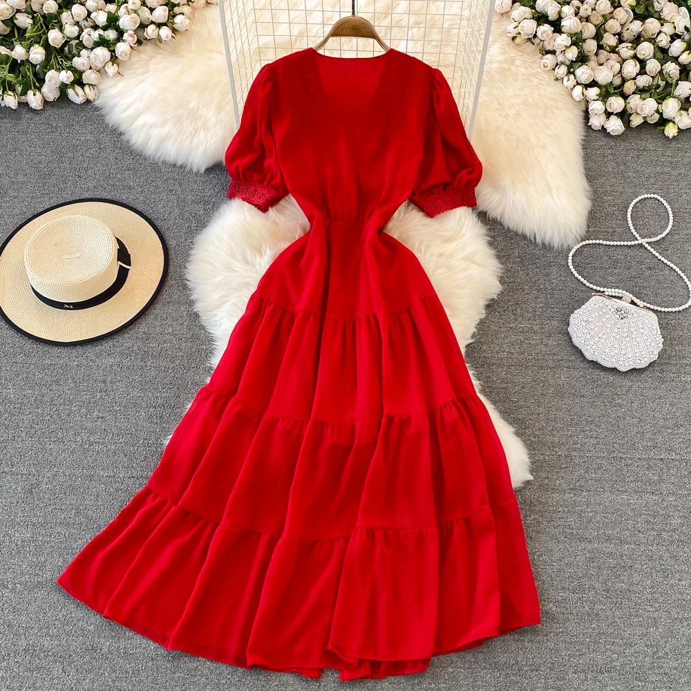 New Women Vintage Party Dress Summer Puff Sleeve Sexy V Neck Lace Single-breasted Long Dresses Ladies A Line Elegant Long Robe 18 New Women Vintage Party Dress Summer Puff Sleeve Sexy V Neck Lace Single-breasted Long Dresses Ladies A Line Elegant Long Robe