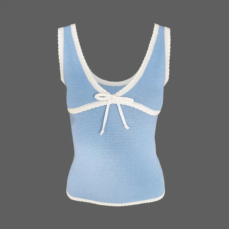 Ootddress Retro Deep V Neck Crop Top Women Y2k Ruffle Vintage Tank Tops Womens Tie Up Bow Knitted Woman Backless Cute Tops 2025 New