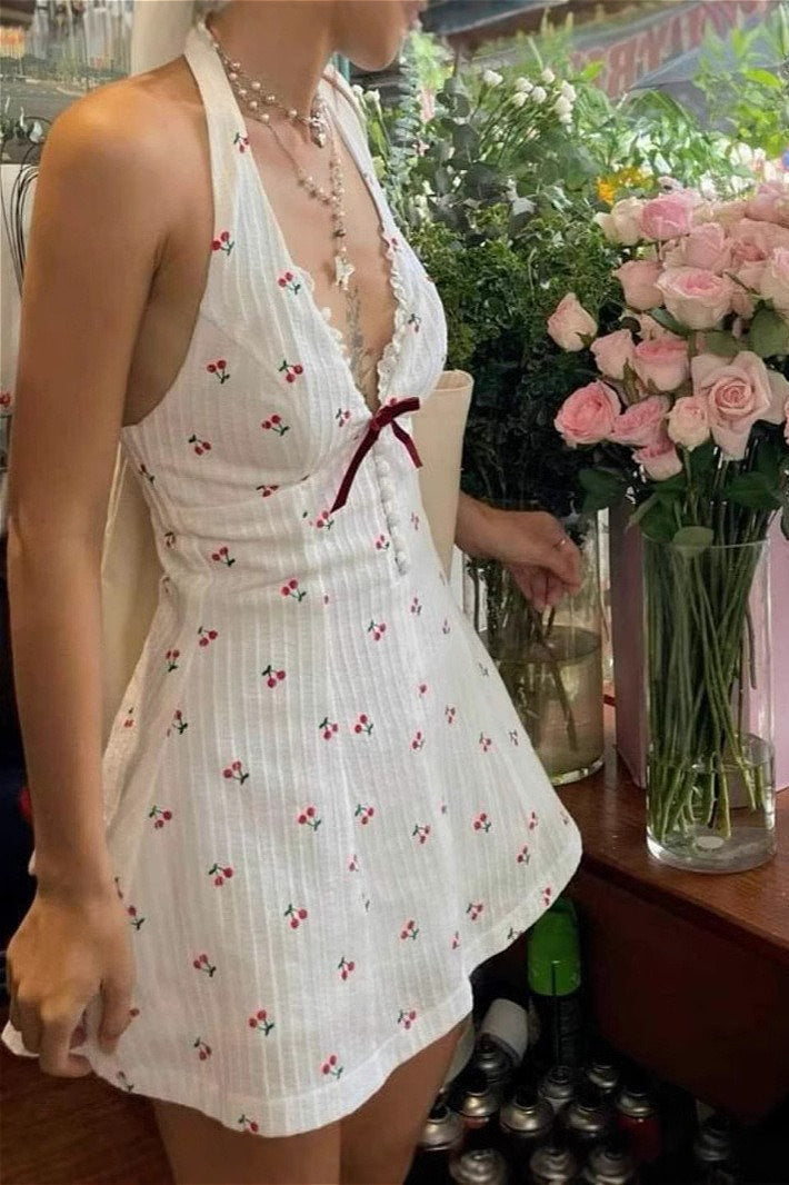 Print Halter Neck Ruffle Trim Button Front Mini Dress