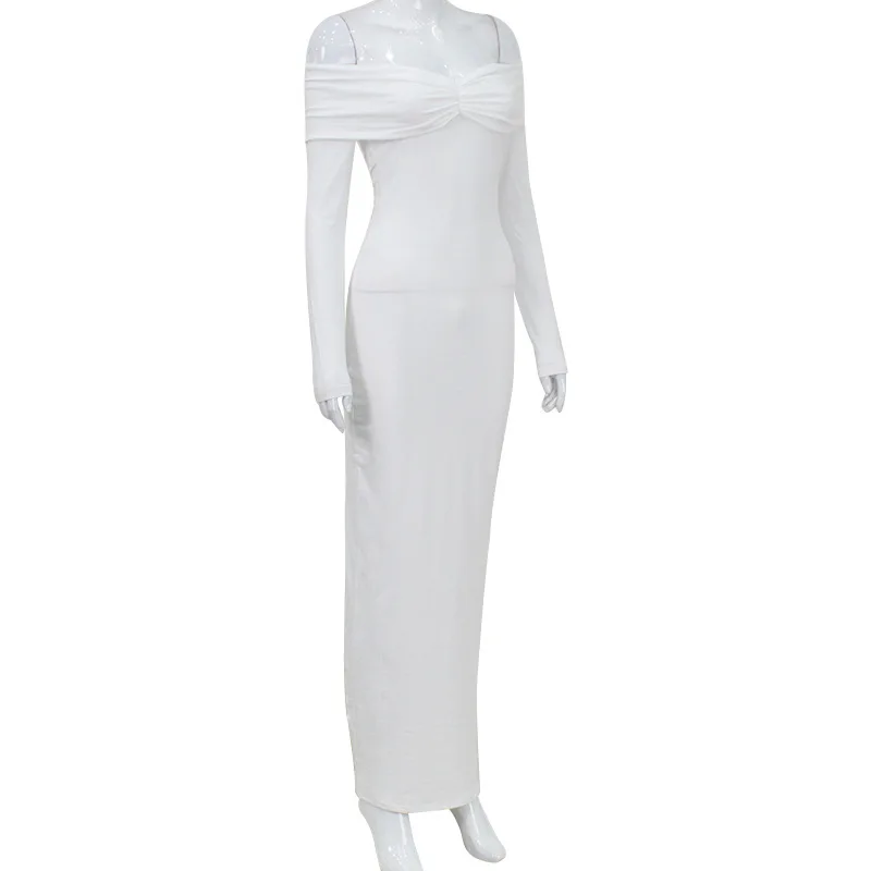 Ootddress White Pleated Slim Maxi Dress Elegant For Women Patchwork Off-Shoulder Fashion High Waist Dress Ladies Solid Party Dress