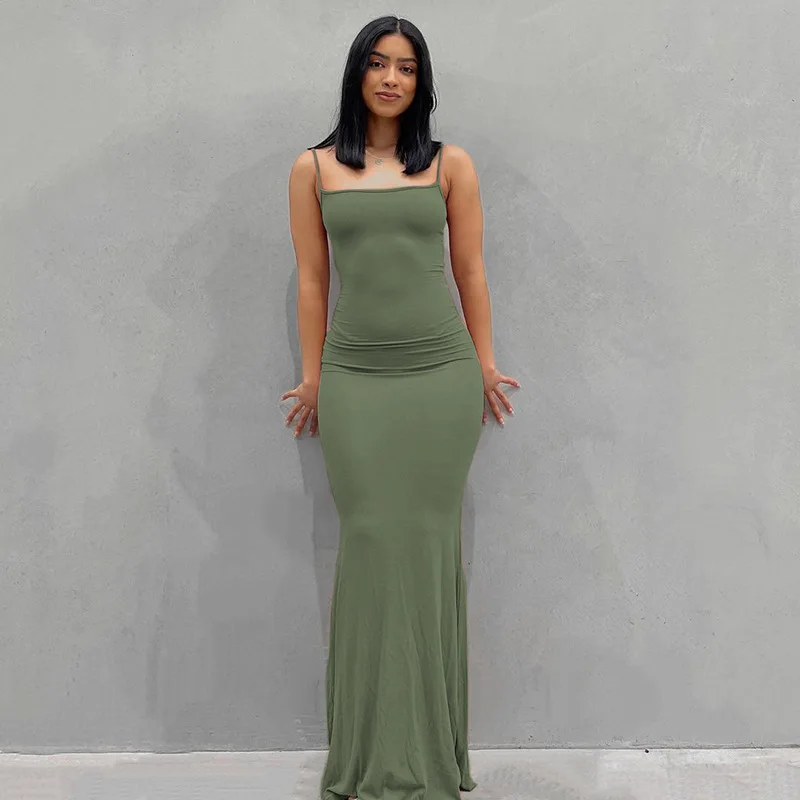 Dresses For Women 2025 Sexy Spaghetti Strap Black Long Dress Evening Y2k Sleeveless Solid Skinny Bodycon Maxi Vestidos